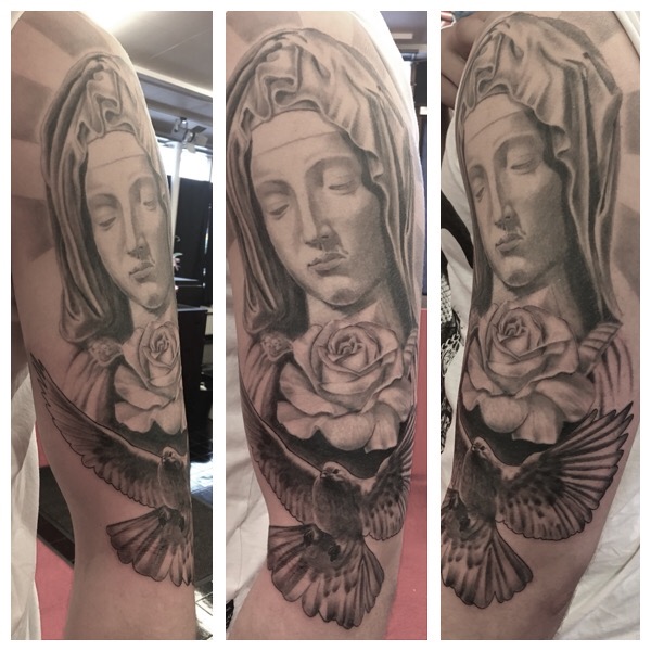 black and grey realistic virgin mary dove rose tattoo sleeve religious  Archives - Anarchy Ink Sweden